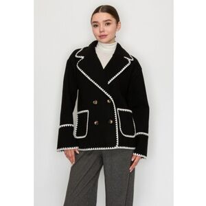 ⛔️942 • Black White Blanket Stitch Trim Double Breasted Lightweight Coat Jacket